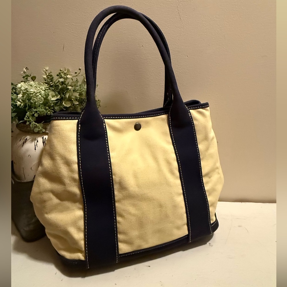 J.Crew Canvas Tote Bag Yellow & Navy Blue Handles Lined Medium Size Cotton NWT - Picture 3 of 8